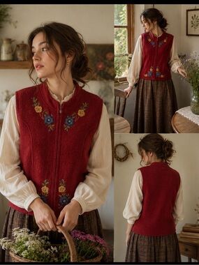 Icelandic Design 100% Wool Embroidered Floral Zip Vest Women’s Large